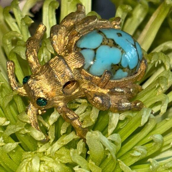 Vintage RISA pin/brooch turquoise cabochon bug beetle gemstone eyes - Picture 10 of 10